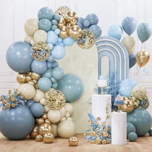 PartyWoo Dusty Blue Balloon Arch Kit Garland 140pcs Different Sizes of 18 12 10 5 Inch Light Baby Blue White Sand Gold Confetti Boho Balloons for Baby Shower Gender Reveal Birthday Party Decorations