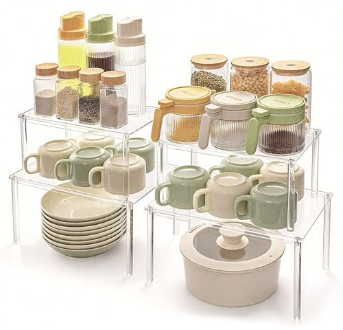 DAIRYCOF Küchenschränke Organizer 4er Set-Acryl Gewürzregal Küchen Organizer-Erweiterbar und Stapelbar Gewürzhalter kleines Regal 29,7 cm/26,4cm Mini Regal Deko Modern für Küche