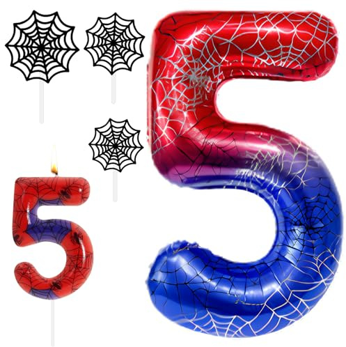 Spider - Juego de decoración de cumpleaños de 5 años, diseño de araña de 40 pulgadas, globo de 5 años, con velas de cumpleaños, números 5, telaraña, decoración para tartas, fiesta de araña