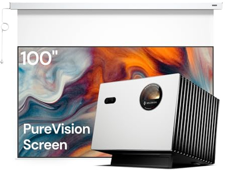 Home Theater Bundle: Valerion Plus2 4K Triple Laser Projector with 100 Motorized PureVision Screen – Laser Speckle Reduction