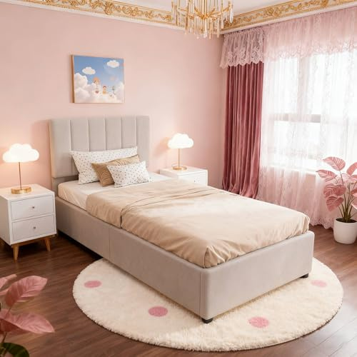 BursDany Lit Enfant Rembourré 90x200 cm - Lit Coffre Simple avec Tête de Lit Réglable en Hauteur, pour Filles et Adolescents, Lin Beige (sans Matelas)