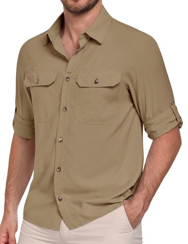 Xnova Camicia Trekking Uomo a Maniche Lunghe UPF50+, Funzionale Camicie Abbottonata Safari Traspirante Tempo Libero Protezione UV Tops con Tasche (Kaki, M)