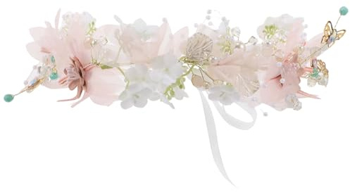 TOYANDONA Blumenkranz für Brautjungfern mit Schleife Boho-stil Blumen-haarreif Perlen-blumengirlande für Hochzeit und Geburtstag Verstellbares Band für Damen