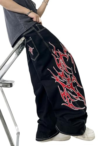 Zewool Jeans da uomo con ricamo baggy Hip Hop Y2K a forma di gamba larga skater pantaloni denim streetwear, A20 nero, S
