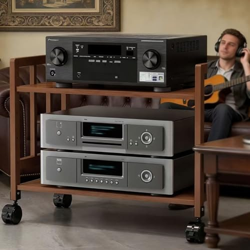 HUHUSHENGWEI HiFi Rack 2 Tier AV Media Stand Wood Shelf, Audio Tower with Wheels, Record Player Stand Stereo Cabinet, Media Console Storage Shelf, Audio Video Components(Walnut,W 55cm/21.6in)