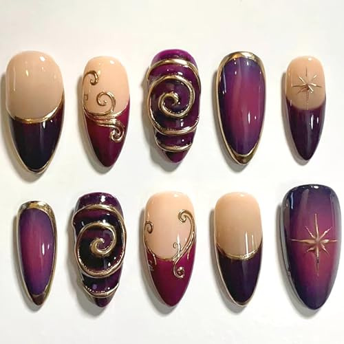 Celblisora French Tip Aufklebnägel 24 Stück,Mittel Mandelform Lila Sternenlicht 3D Goldlinien Design,Glänzende Kunstnägel Vollabdeckung für Damen
