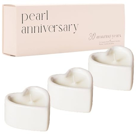 Pearl Anniversary Scented Candles 3 Pack Heart Peony, Lychee and Rose Scent with 4 Hour Burn Time - 30th Anniversary