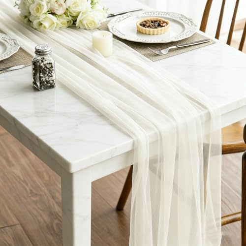 Chiffon Tischläufer,75 x 600 cm,Rosa,dünner Dekostoff Table Runner Hochzeit Tischdeko Tischband Tischdecke Dekorativ Stoff (Beige)