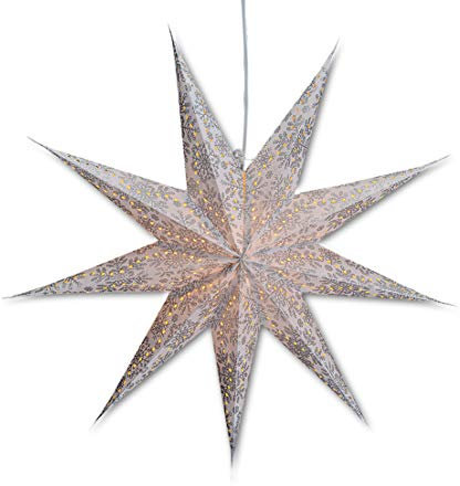 levandeo Leuchtstern mit 9 Zacken in weiß Silber 60cm Papiertstern Weihnachtsstern inklusiv Kabel mit Schalter 3,5 Meter