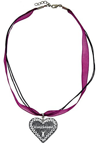 Trachtenschmuck Trachtenkette Organzaband brombeer mit Filz Herz Damen Dirndlkette Organzakette Oktoberfest Wunschaufdruck (Herz - grau melliert)