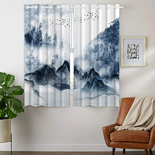 YISUMEI - Gardinen Blickdichter - Eisiger chinesischer Tintenart Wald,160 x 110 cm 2er Set Vorhang Verdunkelung mit Ösen für Schlafzimmer Wohnzimmer