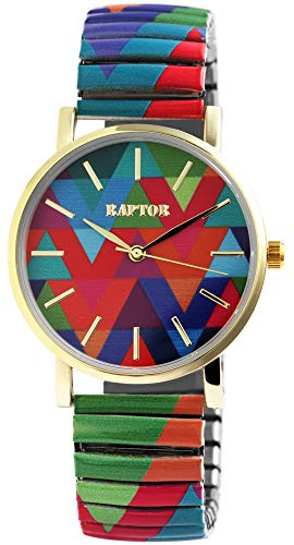 Raptor Ausgefallene Damenuhr Bunt Grün Regenbogen | Armbanduhr Damen außergewöhnlich mit Zugarmband | Besondere Damenarmbanduhr – Modische Uhr Frauen Senioren