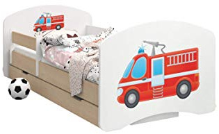 HappyBabies - Doppelseitiges Kinderbett MIT SCHUBLADE Modernes Design mit sicheren Kanten und Absturzsicherung Schaumstoffmatratze 7 cm Leichte Birne (Feuerwehrauto, 140/70)