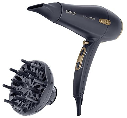 Ufesa SC8460 Secador Iónico Motor Profesional AC 2400W Generador de Iones, 2 Velocidades, 3 Temperaturas, Difusor y Concentrador de Boca Estrecha de 6mm, Gris