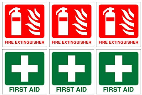 Pack of 6 Signs 3X fire Extinguisher and 3X First aid Each Sticker is 90mm x 90mm self Adhesive Vinyl Ideal for All Businesses