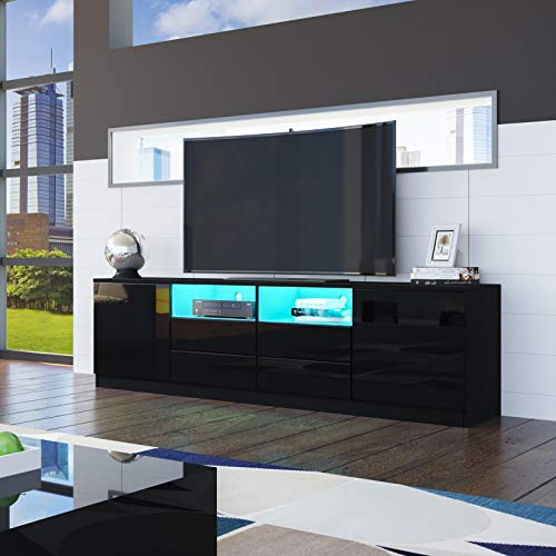 Senvoziii LED TV Stand Unit, 180cm Black High Gloss TV Sideboard, Black