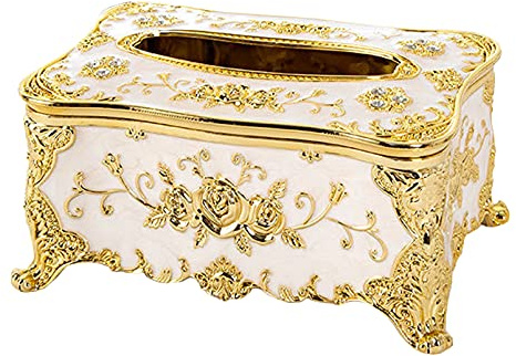 Anawakia Cosmetic Tissue Box Tissue Box Tissue Dispenser Rose Flowers Pattern Cosmetic Tissue Box European Tissue Box (White + Gold)