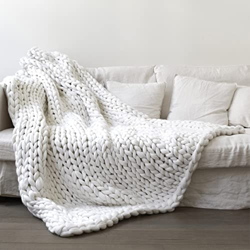 VanderHOME Decke Gestrickte Super Weiche Kuscheldecke Handgefertigt Grobe Strickdecke Grobstrick Decke Gestrickte Decke Wolldecke Couchdecke Flauschige weihnachtsdeko (Weiß,60×80cm)