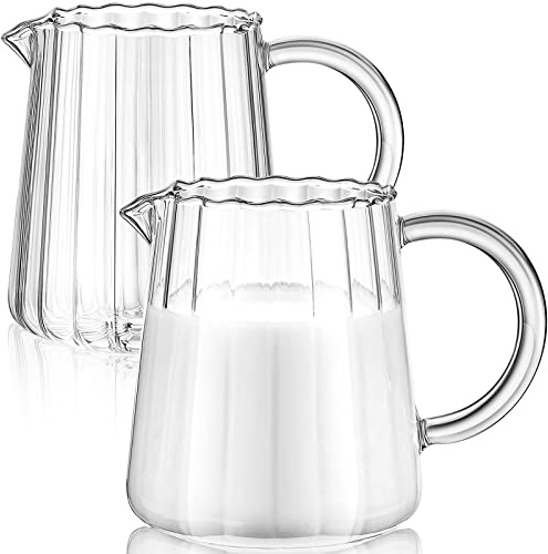 Leinuosen 2 Pcs Glass Pitcher Milk Frothing Creamer,250 Ml,Wave Style | Small Clear Pouring Cup, Espresso Spout Jug with Handle, for Coffee Latte Tea Serving, Elegant Shaped