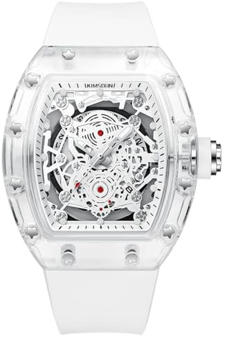 KIMSDUN - Elegante orologio sportivo con scheletro, impermeabile, analogico al quarzo, con data, calendario, cassa tonneau trasparente, cinturino in silicone per uomo unisex