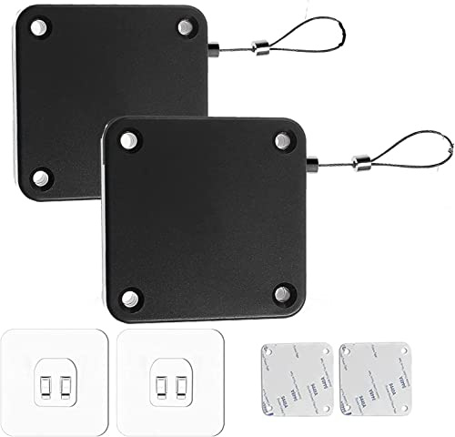 CAM2 2 cierrapuertas automático sin taladrar con cuerda de tracción, color negro, 500 g | Soporte de puerta de cierre automático para puertas interiores ligeras, hogar y oficina, fácil montaje sin taladrar