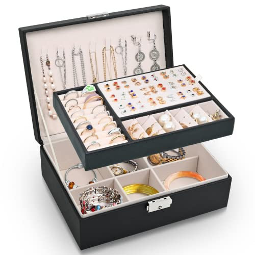 Larkumio Joyeros Mujer Organizador Grande, Caja Joyero Niña Organizador Joyas 2 C1apas Cuero PU Jewelry Box Organizer para Collares Anillos Pendientes Pulseras, Negro