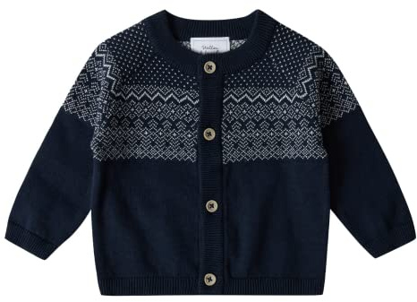 Stellou & friends 100% Cotton Knit Norwegian Jacquard Design Baby Toddler Boys Girls Long Sleeve Cardigan Sweater (Navy, 9-12 Months)