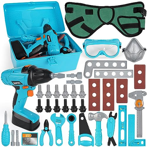 Vanplay Jouet Outils Enfant Boite a Outil avec Perceuse Électrique Malette Outils Visseuse Malette Cadeau Enfant 3 4 5 6 Ans (52 Pièces)