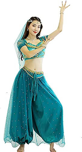 AGAATI Jasmine Prinzessin Anzug Anime Kostüm Latein Cosplay Halloweenkostüm Erwachsene Frau Bauchtanz Kostüm (Grün M)