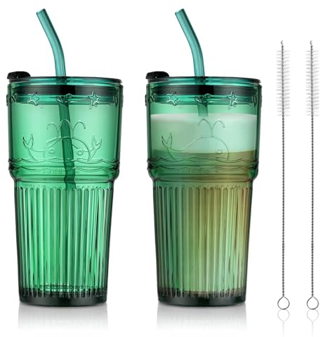 Joeyan 550ml Grün Trinkbecher mit Deckel und Strohhalm,Smoothie Shake Becher mit Gravierte Delfin,Cute Kaffeebecher mit tiermotive,Auslaufsicheres Unterwasserwelt Trinkgläser,Spülmaschinenfest,2er Set