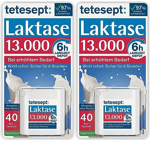 tetesept Laktase 13.000 – Laktasetabletten bei Laktoseunverträglichkeit – Nahrungsergänzungsmittel mit Sofortwirkung & 6h Langzeit-Depot – 1 Dose à 40 Stück (Packung mit 2)