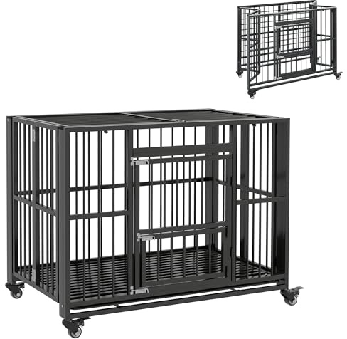 PawHut 43 Foldable Heavy Duty Dog Crate w/Locks, Removable Tray, Wheels
