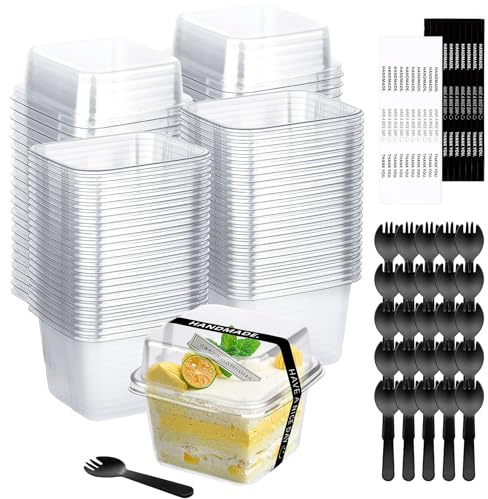 50 Stück Dessertgläser Plastik mit Deckel, 240ml Dessertbecher Eckig Plastik, Dessertschalen Wiederverwendbar, Dessertgläser mit Löffeln Aufkleber, Parfait Vorspeisenbecher für Desserts Pudding Mousse