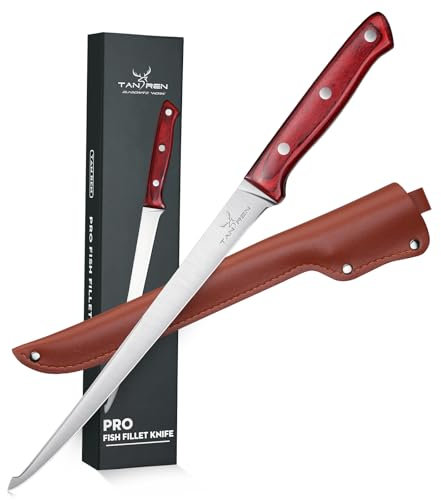 TAN REN Filitiermesser Fisch Scharf, 24 CM Profi Filetiermesser Fisch Angeln, Edelstahl Filetiermesser Fleisch mit Scheide, Profi Ausbeinmesser Messer Angeln für Fisch & Fleisch