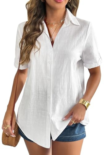 WINKEEY Chemisier Femme Élégant en Lin à Manche Courte Blouse Chic d'été Col V Top Léger avec Boutonss, Blanc XL