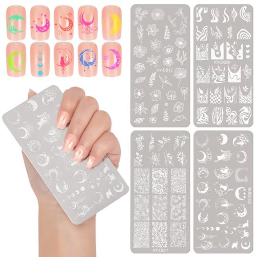MWOOT 4 Piezas Estampador de Uñas, Plantillas Uñas Decoracion, Placas de Uñas para Uñas con Ola Rayas Flor Hojas Luna Gato, Placas Estampacion Uñas Kit Manicura Francesa para Salón Casa