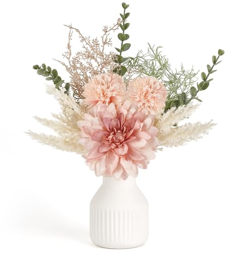 Mkono Künstliche Blumen in Keramikvase, 31cm Couchtisch Mittelstück, Rosa | Deko Wohnzimmer Schlafzimmer Tisch, Tischdeko mit Vase, Kleine Seide Kunstblumen Arrangements,Badezimmer Esszimmer Küche