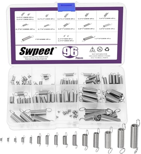 Swpeet 96Pcs 15 Different Sizes Stainless Steel Extension Spring with a Dual Hook Assortment Kit, Mechanical Extension Springs Small Spring for Home Repairs