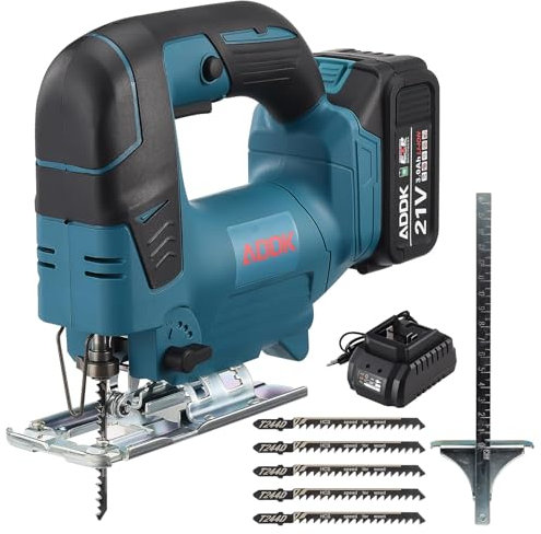ADWOLT Scie sauteuse sans fil, scie sauteuse pendulaire sans fil (moteur 21 V sans balais, réglage de l'angle 45 max profondeur de coupe 75 mm, 3 vitesses 0-2900 tr/min, lame de scie*5, 1 batterie 3,0