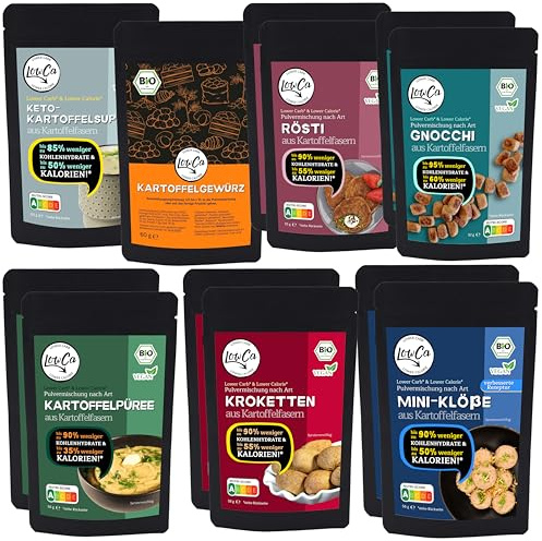 12x LOW CARB Kartoffelprodukte (inkl. 2 GRATIS) | 95% weniger Kohlenhydrate = KETO | 60% weniger Kalorien | protein- und ballaststoffreich | bio inkl. Kartoffelgewürz