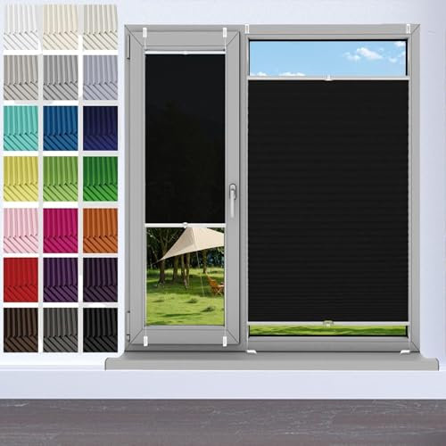 Faltrollo, Sichtschutz Plissee Klemmfix Rollos 24 x 30 cm, Nach Maß Qualität Ohne Bohren, Plissee Klemmfix Plisseerollo Ohne Bohren, Plisseerollo Rollo Jalousie, für Fenster & Tür, Schwarz