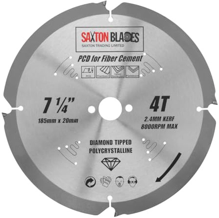 Saxton PCD Circular Saw Blade, 185mm x 4 Teeth x 20mm Bore (16mm ring), Polycrystalline Diamond Tipped Fibre Cement Board, Hard Materials