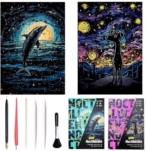 Georgie Porgy Kratzbilder Set DIY Bastelsets für Kinder Erwachsene Magic Rainbow A3 Kratzpapier für Weihnachten Geburtstagsgeschenk mit Kratzwerkzeuge Kit (Nachtleuchtend Delphin+Hund)