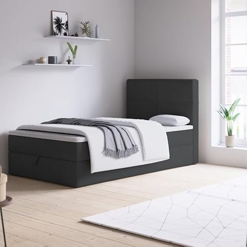 Generisch Boxspringbett NOLA MINI mit Bettkästen ohne Topper, Einzelbett, Stauraum (Schwarz: Aura 18, 80 x 200 cm)