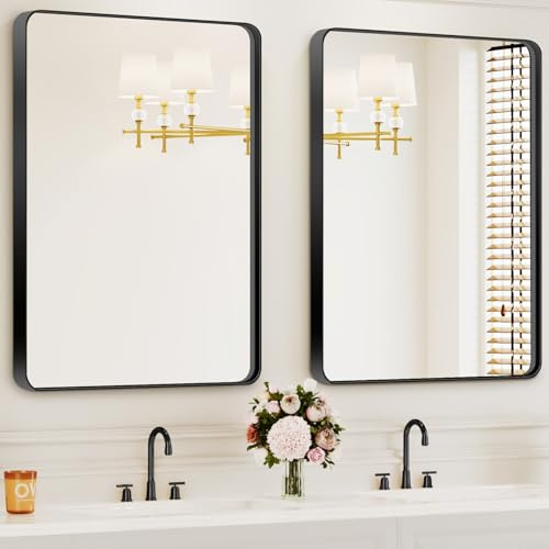 Bathroom Mirrors for Over Sink,2Pcs 24x36Inch Vanity Mirrors for Wall,Black Metal Frame Rectangle Mirrors for Bathroom,Farmhouse,Restroom,Hangs Horizontally or Vertically