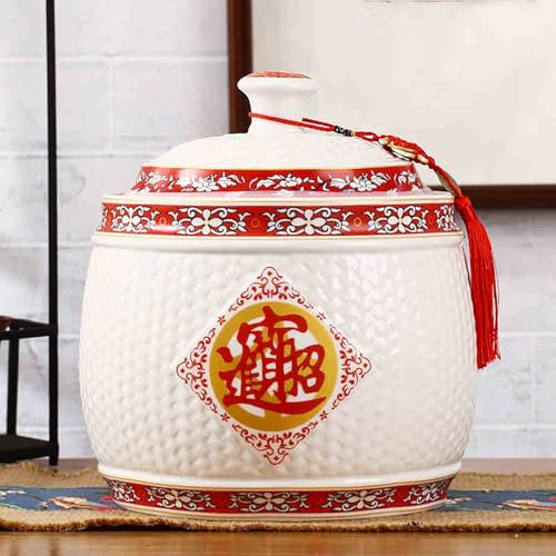Olla arrocera china sellada de gran capacidad, cubo de arroz de cerámica con diseño de borla, recipiente de cerámica para almacenar granos, dispensador de arroz, cubo de almacenamiento hermé