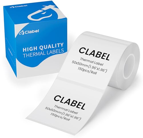 CLABEL 1 Rolle 50x50mm Thermo Weiß Etikettenband für Etikettendrucker Selbstklebend Klebeetiketten zum Beschriften Aufkleber für Schule Unternehmen Geschäft Zuhause, 150 Stück/Rolle(1,97x1,97)