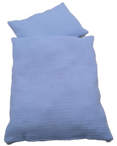 Puppenbettwäsche aus Musselin Baumwolle, Hellblau, Kopfkissen und Decke, Decke 32h x 26b, Kissen 16h x 20b