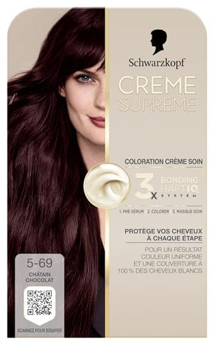 Creme Supreme - Schwarzkopf - Coloration Permanente - Resultat Couleur Uniforme - Coloration Creme Soin - Bonding - Pre-serum et Masque Soin - Couverture 100% Cheveux Blancs - 5-69 - Chatain Chocolat
