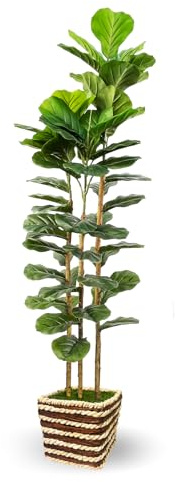 Higuera artificial de hoja de violín para interiores con cesta tejida, árbol falso de 5 pies de alto con tronco de madera real, plantas artificiales para salas de estar, oficinas, cocinas y espacios